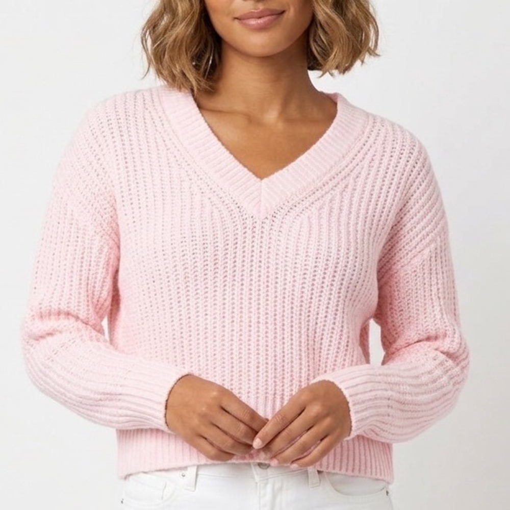 State Of Day Intimates Sweater Womens Medium Pink Waffle Knit V-Neck Long Sleeve